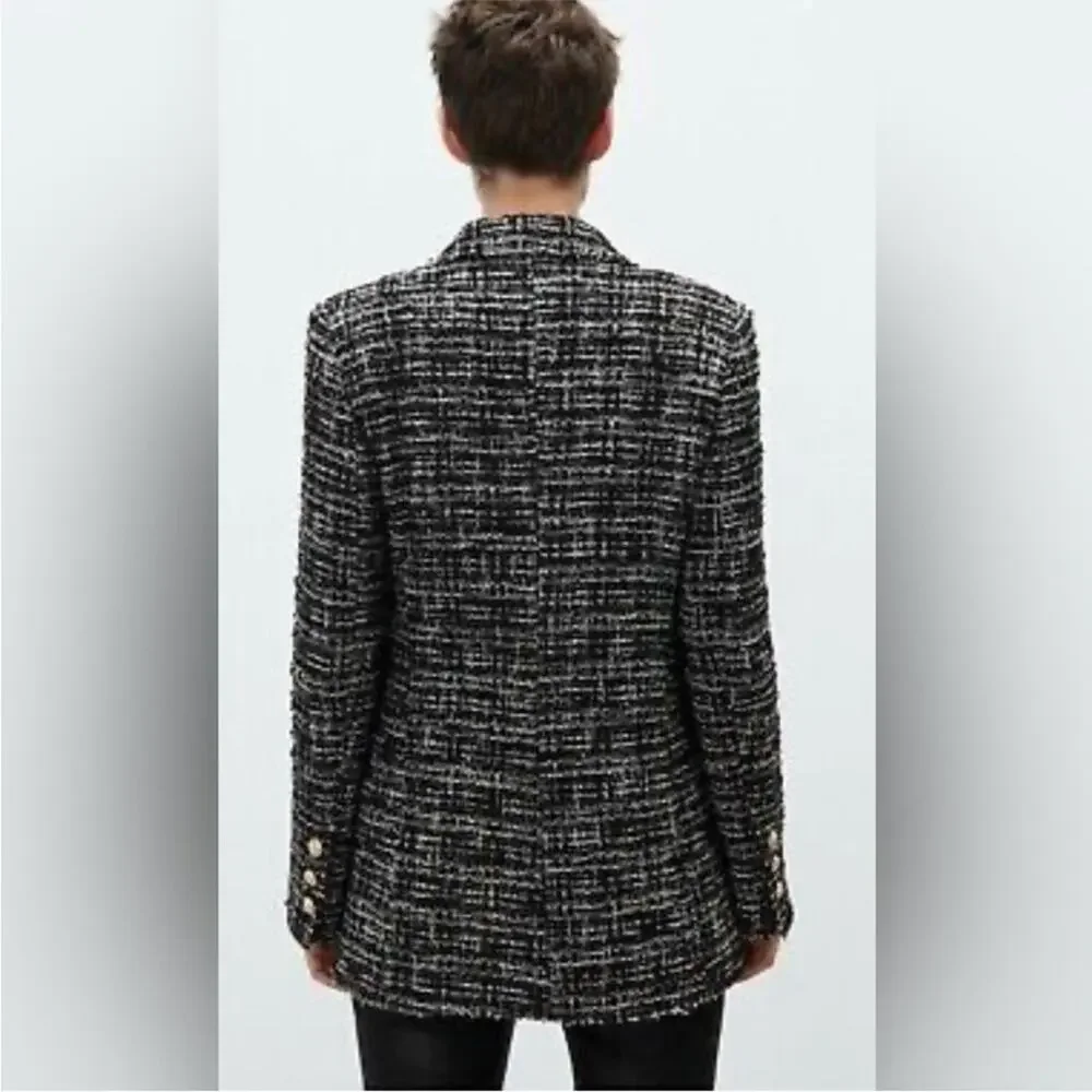 Zara Black Double Breasted Textured Tweed Blazer Small